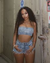 Embroidered Bustier Denim Shorts Set MEM-88584