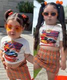 Kid Girl Cartoon Printed T-shirt Plaid Skirt Suit GYAY-8099