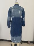 Fashion Denim Long Sleeve Holes Long Coat GQDH-932