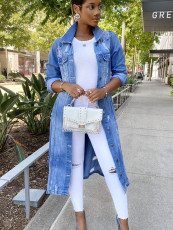 Fashion Denim Long Sleeve Holes Long Coat GQDH-932