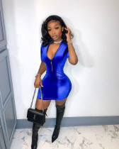 Solid Color Zipper Short Sleeve Midi Dress XMF-1029