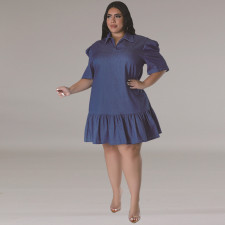 Plus Size Denim Lapel Short Sleeve Loose Casual Dress GDAM-218601