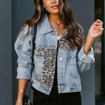 Leopard Print Splicing Long Sleeve Denim Coat XCFF-993