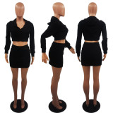 Solid Color Long Sleeve V Neck 2 Piece Short Set XMF-1019