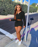 Solid Color Long Sleeve V Neck 2 Piece Short Set XMF-1019