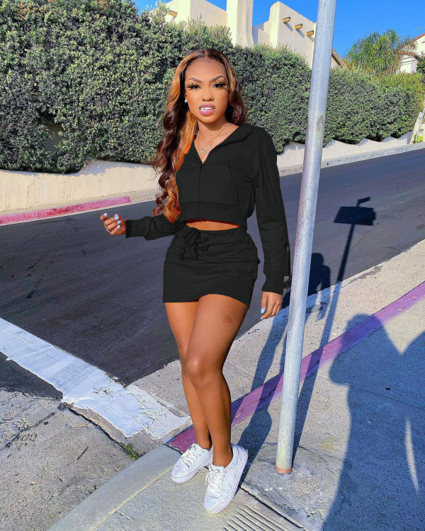 Solid Color Long Sleeve V Neck 2 Piece Short Set XMF-1019