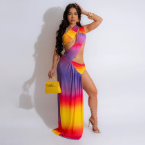 Sexy Print Sling Irregular Split Maxi Dress CYA-901228