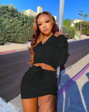 Solid Color Long Sleeve V Neck 2 Piece Short Set XMF-1019