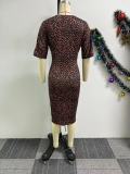 Printed V-neck Drawstring Waist-slim Midi Dress  NY-10806