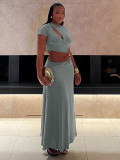 Solid Color Short Sleeve Long Skirt 2 Piece Set QODY-6039
