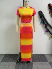 Gradient Color Clash Print Split Long Skirt Suit NY-10803