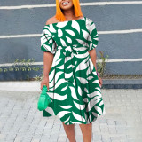 Plus Size Print Tie Up Short Sleeve Midi Dress NNWF-8027