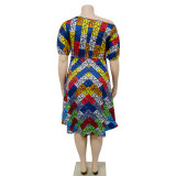 Plus Size Print Tie Up Short Sleeve Midi Dress NNWF-8027