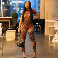 Sexy Backless Print See Through Mesh Jumpsuit XEF-47149