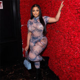 Sexy Backless Print See Through Mesh Jumpsuit XEF-47149