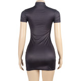 Solid Letter Print O Neck Mini Dress GAXB-A491DS