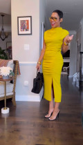 Solid Color Sleeveless Split Midi Dress QODY-Y6038