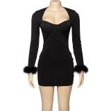 Long Sleeve Feather Patchwork Mini Dress GAXB-A301DS