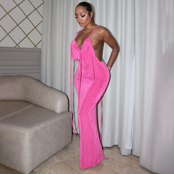Solid Color Tie Up Backless Maxi Dress GAXB-A410DS