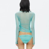 Solid Mesh Patchwork Long Sleeve See-Through Top GAXB-A292TP