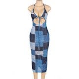 Mesh Print Patchwork Halter Maxi Dress GAXB-A231DS