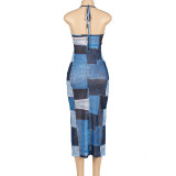 Mesh Print Patchwork Halter Maxi Dress GAXB-A231DS