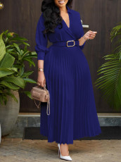 Solid Color 3/4 Sleeve Belt Midi Dress GMLF-3285