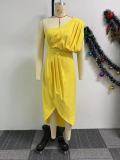 Solid Pleated Single Shoulder Split Long Dress NY-10828