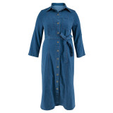 Plus Size Denim Lapel Belt Midi Dress GDAM-218602
