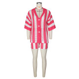 Hollow Out Lapel Knits Two Piece Shorts Set ZSD-Z0235