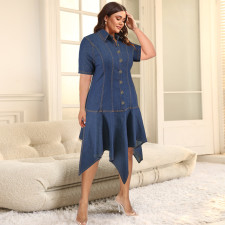Plus Size Lapel Irregular Denim Midi Dress GDAM-218507