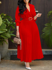 Solid Color 3/4 Sleeve Belt Midi Dress GMLF-3285