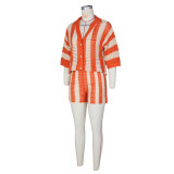 Hollow Out Lapel Knits Two Piece Shorts Set ZSD-Z0235