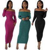Solid One Shoulder Long Sleeve Midi Dress XHXF-415