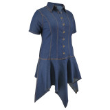 Plus Size Lapel Irregular Denim Midi Dress GDAM-218507