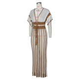 Sexy V-neck Hollow Out Striped Knit Long Skirt Set ZSD-Z0326