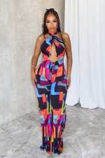 Printed Crossover Hanging Neck Backless Jumpsuit  NY-10823