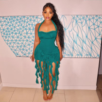 Solid Color Tassel Halter Midi Dress CYA-901256