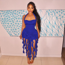 Solid Color Tassel Halter Midi Dress CYA-901256