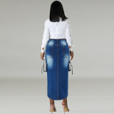 Plus Size Pockets Split Denim Long Skirt GDAM-218632