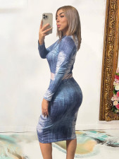 Fashion Long Sleeve Faux Denim Printed Midi Dress CY-1089