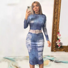 Fashon Print Long Sleeve Midi Dress GYSF-1089