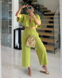 Solid Color Lapel Shirt And Loose Pants 2 Piece Set QODY-6042