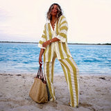 Plus Size Striped Sweater Loose Two Piece Pants Set FSXF-663