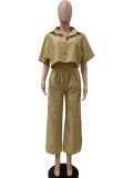 Solid Color Lapel Shirt And Loose Pants 2 Piece Set QODY-6042