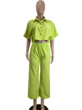 Solid Color Lapel Shirt And Loose Pants 2 Piece Set QODY-6042