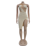 Hot Drill Mesh Patchwork Backless Midi Dress BY-6968