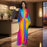 Fashion Pleated Color Block Plus Size Maxi Dress BY-6952