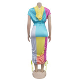 Color Block Print Short Sleeve Drawstring Hooded Dress BY-6975