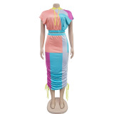 Color Block Print Short Sleeve Drawstring Hooded Dress BY-6975